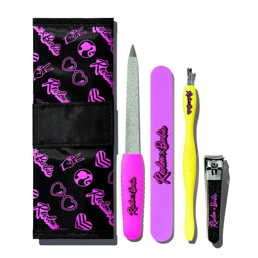 Revlon X Barbie Manicure Essentials Kit with pink travel case, nail clipper, Emeryl file, buffer, and cuticle tool