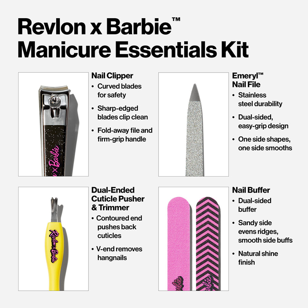 Revlon X Barbie manicure kit tools displayed with benefits: curved nail clipper, Emeryl file, buffer, and dual-ended cuticle tool