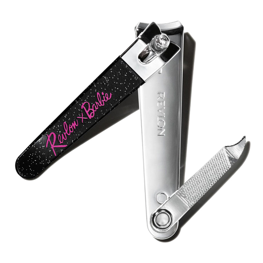 Revlon X Barbie Nail Clipper shown open to reveal contoured blades and built-in mini file for shaping and cleaning nails
