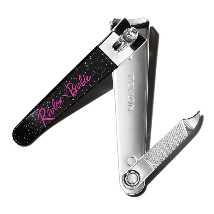 Revlon X Barbie Nail Clipper shown open to reveal contoured blades and built-in mini file for shaping and cleaning nails