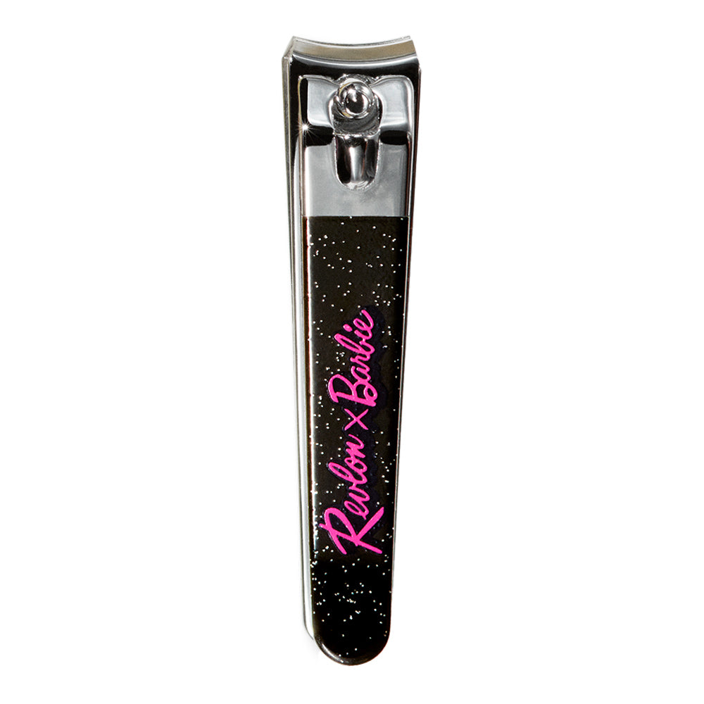 Revlon X Barbie No Nail Drama Nail Clipper in pink with contoured blades and mini file, perfect for shaping and travel kits
