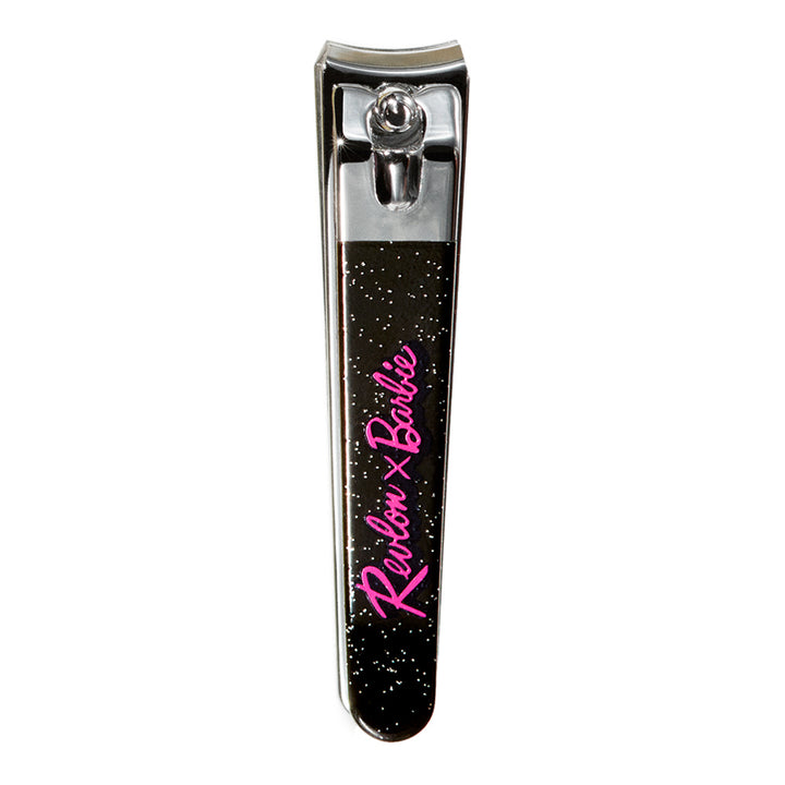 Revlon X Barbie No Nail Drama Nail Clipper in pink with contoured blades and mini file, perfect for shaping and travel kits