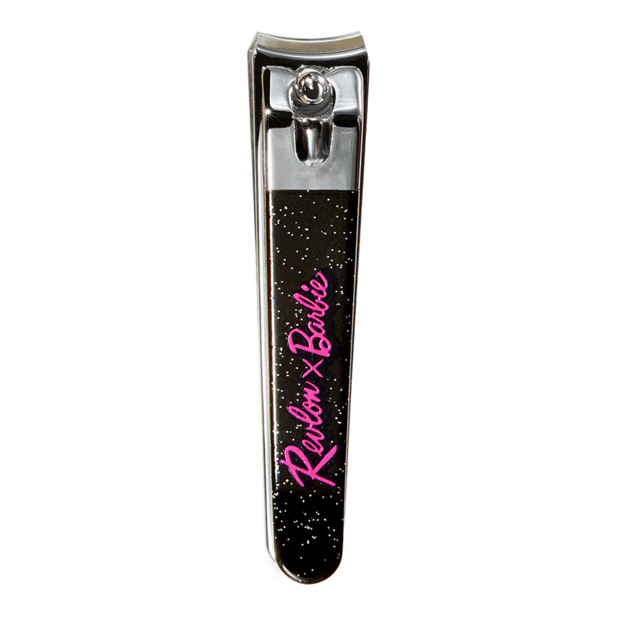 Revlon X Barbie No Nail Drama Nail Clipper in pink with contoured blades and mini file, perfect for shaping and travel kits